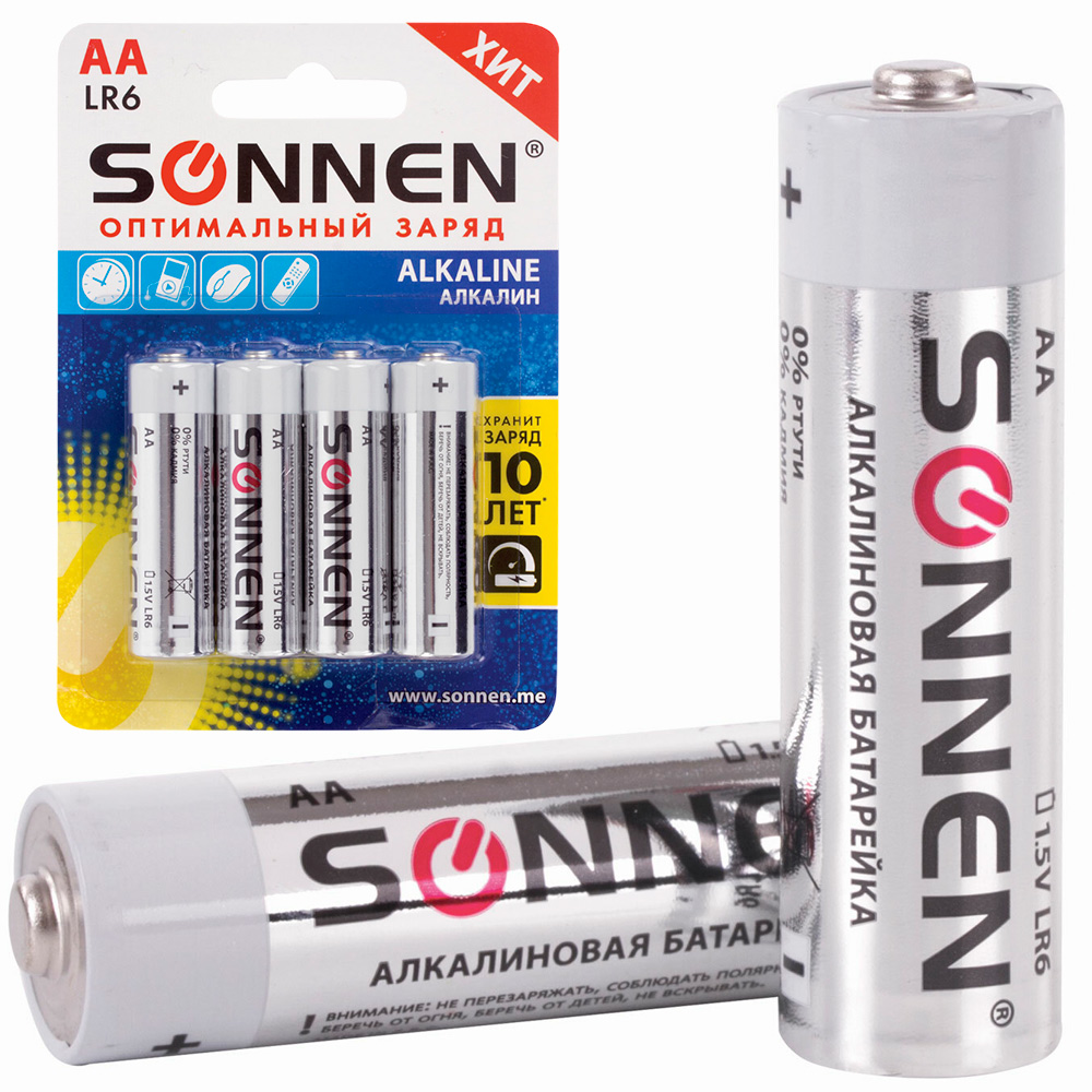 Элемент питания SONNEN Alkaline, АА (LR6, 15А), алкалиновые,пальчиковые/цена за упак /уп 4 шт/ 45108