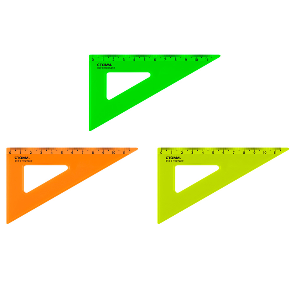 Треугольник 30° 11см СТАММ пластиковый, прозрачный, неоновые цвета, ассорти 351483.